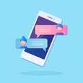 New chat messages notification on mobile phone. Sms bubbles on cellphone screen. People chatting. Vector flat design Royalty Free Stock Photo