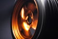 orange metal welded rims car wheels for a drift car custom tuning long exposure photo motion blur effect Royalty Free Stock Photo