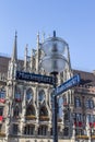 New city hall of Munich at Marienplatz with street sign in front Royalty Free Stock Photo