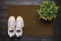 New clean door mat with shoes and plant on black wooden floor, top view Royalty Free Stock Photo