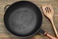 New Clean Empty Cast Iron Frying Pan And Spatula Overhead Royalty Free Stock Photo