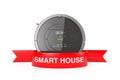 New Cleaning Technology Concept. Smart Robotic Vacuum Cleaner with Red Ribbon Smart House Sign. 3d Rendering