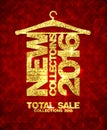 New collections 2016 fashion banner, total sale collections 2015, golden mosaic text hang on a hanger.