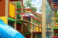 New colorful castle playhouse with climbing frame on children`s playground Royalty Free Stock Photo