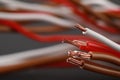 New colorful electrical wires on blurred background, closeup. Space for text Royalty Free Stock Photo