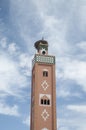 New colorful ornamental Moroccan minaret with stork nest