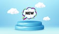 New comic cartoon bubble banner. Arrival sticker shape. Winner podium 3d base. Vector Royalty Free Stock Photo