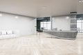 New concrete and hardwood office interior with reception desk and window with city view. Office lobby and waiting area concept. 3D Royalty Free Stock Photo