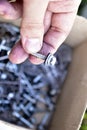 New construction nails and screws in a paper box Royalty Free Stock Photo