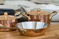 New copper cookware - pots and pans Royalty Free Stock Photo