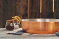 New copper cookware for professional kitchen close up Royalty Free Stock Photo