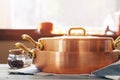 New copper cookware for professional kitchen close up