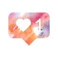 New Counter Notification Watercolor Icon. Follower. New Icon like 1 symbol, button. Social media like ui. Vector illustration