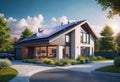 New country house with photovoltaic system on the roof, Modern eco-friendly clean house
