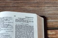 New covenant prophecy verses in open holy bible book, a closeup