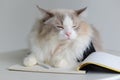 New creative cat photography. Ragdoll cat leaning, face is sleepy and tired, closed eyes, looks like student