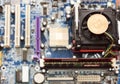 New crypto currency, bitcoin and computer motherboard, cooler Royalty Free Stock Photo