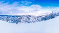 New day begins in mountains on cold winter day, panorama landscape. Magic time concept