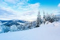 New day begins in snow mountains after heavy blizzard, winter landscape