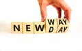 New day and way symbol. Concept word New day New way on beautiful wooden cubes. Beautiful white table white background.