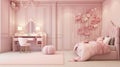 New decor of stylish pink girls room. Pink little princess room with desk and chair. generative ai