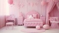 New decor of stylish pink girls room. Pink little princess room with desk and chair. generative ai