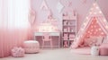New decor of stylish pink girls room. Pink little princess room with desk and chair. generative ai