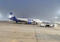 NEW DEHLI, INDIA - MARCH 12, 2020: GoAir Airbus A320 at INDRA GANDHI International Airport. Night view of IGI airport New Delhi.