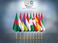 2023 New Delhi G20 summit guest countries\' flags with logo on the back.