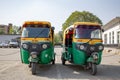 New Delhi, India - April 2019 : Classic Auto Rickshaw India Tuk Tuk with three wheeler is local taxi
