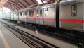 New Delhi India Ã¢â¬â April 10 2023 - Delhi Metro train arriving at Jhandewalan metro station in New Delhi, India, Asia, Public