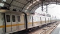 New Delhi India Ã¢â¬â April 10 2023 - Delhi Metro train arriving at Jhandewalan metro station in New Delhi, India, Asia, Public