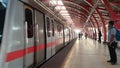 New Delhi India Ã¢â¬â April 10 2023 - Delhi Metro train arriving at Jhandewalan metro station in New Delhi, India, Asia, Public