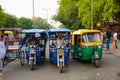New Delhi, India April 10, 2016 : Parking auto rickshaw at main bazar in Paharganj. This place is main tourist hub of Delhi