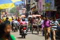 New Delhi, India - April 16, 2016 : View to crowded street with shops, hotels, transport and people in Main Bazaar or Paharganj