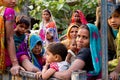 New delhi, India - 20 august 2018: children and women workers inside of truck after a day working at a construction site. Child