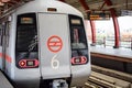 New Delhi India, August 10 2023 - Delhi Metro train arriving at Jhandewalan metro station in New Delhi, India, Asia, Public