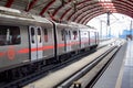 New Delhi India, August 10 2023 - Delhi Metro train arriving at Jhandewalan metro station in New Delhi, India, Asia, Public