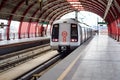 New Delhi India, August 10 2023 - Delhi Metro train arriving at Jhandewalan metro station in New Delhi, India, Asia, Public