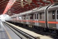 New Delhi India, August 10 2023 - Delhi Metro train arriving at Jhandewalan metro station in New Delhi, India, Asia, Public