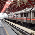 New Delhi India, August 10 2023 - Delhi Metro train arriving at Jhandewalan metro station in New Delhi, India, Asia, Public