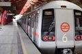 New Delhi India, August 10 2023 - Delhi Metro train arriving at Jhandewalan metro station in New Delhi, India, Asia, Public