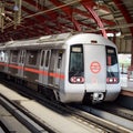 New Delhi India, August 10 2023 - Delhi Metro train arriving at Jhandewalan metro station in New Delhi, India, Asia, Public