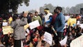 New Delhi, India December 25 2021 : Delhi contractual guest teachers with posters, flags and graffitiÃ¢â¬â¢s protesting against Delhi