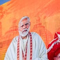 New Delhi, India - February 17 2024 - Prime Minister Narendra Modi cut out during BJP road show, the poster of PM Modi while Royalty Free Stock Photo