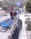 New Delhi India - Jan 10 2021 - New smart bikes station (Tourists rent a bike) at Patel Chowk metro station