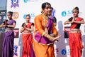 New Delhi, India - July 01 2023 - Bharathanatyam Indian classical odissi dancers performing at stage. Beautiful Indian girl