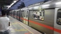 New Delhi India Ã¢â¬â June 21 2022 - Delhi Metro train arriving at Jhandewalan metro station in New Delhi, India, Asia, Public Metro