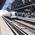 New Delhi India, June 21 2022 - Delhi Metro train arriving at Jhandewalan metro station in New Delhi, India, Asia, Public Metro