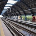 New Delhi India, June 21 2022 - Delhi Metro train arriving at Jhandewalan metro station in New Delhi, India, Asia, Public Metro